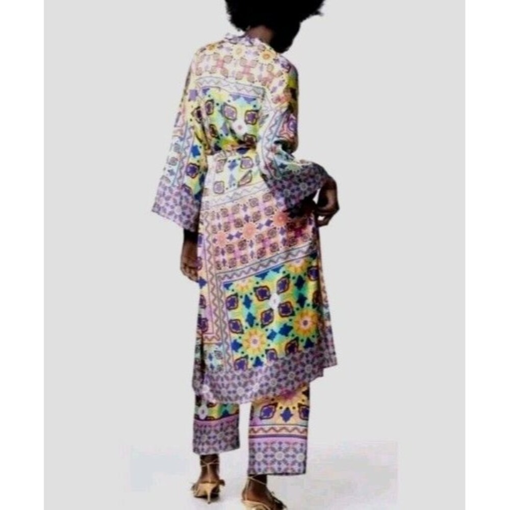 Zara Kimono Robe XS Wild Print Patchwork Midi Open Front with Tie Satin Lining - Picture 7 of 16